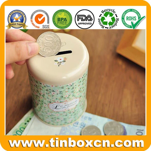 Round Metal Tin Coin Bank for Saving Money Boxes